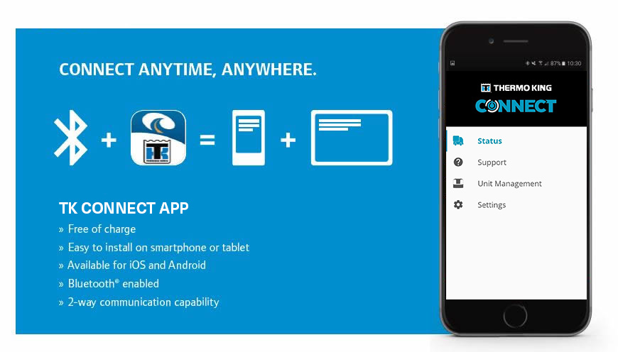 O aplicativo Thermo King Connect permite que você acesse facilmente os dados telemáticos do seu dispositivo móvel.